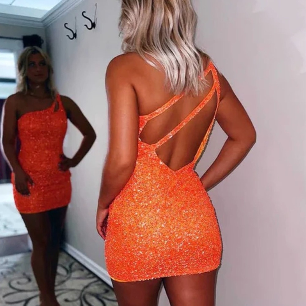 Orange Sequins One Shoulder Dress - Picture 2 of 4